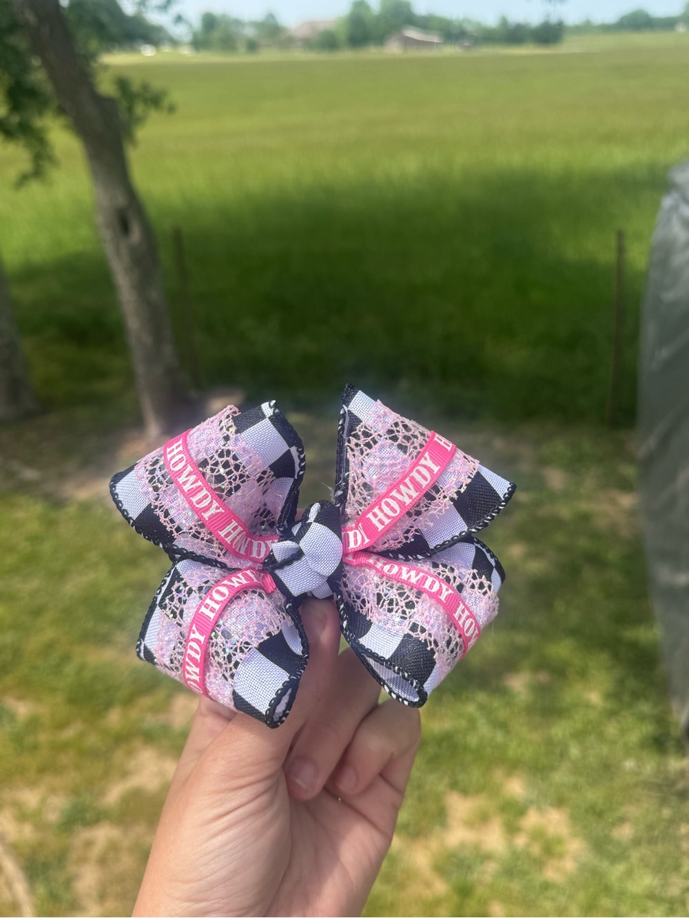 Pink & Black 'Howdy' Layered Kids Hair Bow